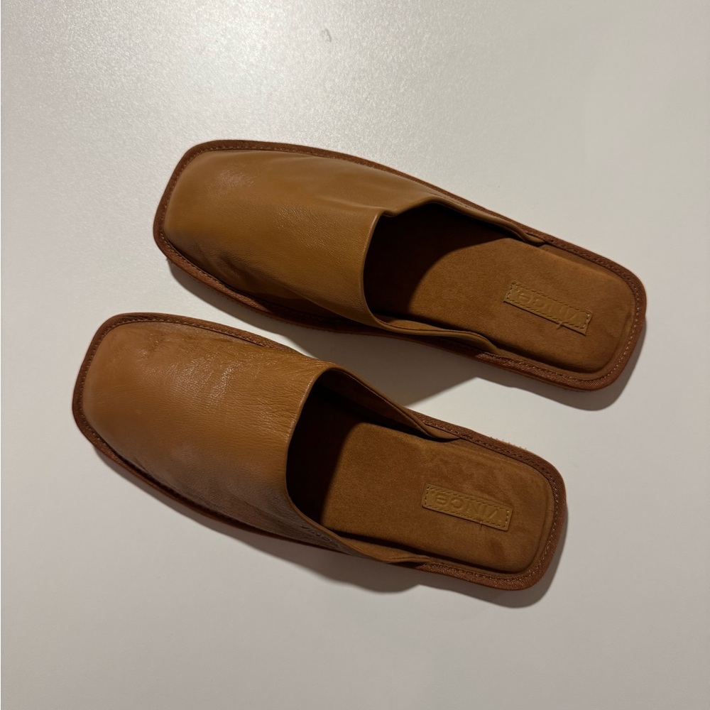 Vince Larisa square-toe leather flat mules in a cognac brown color